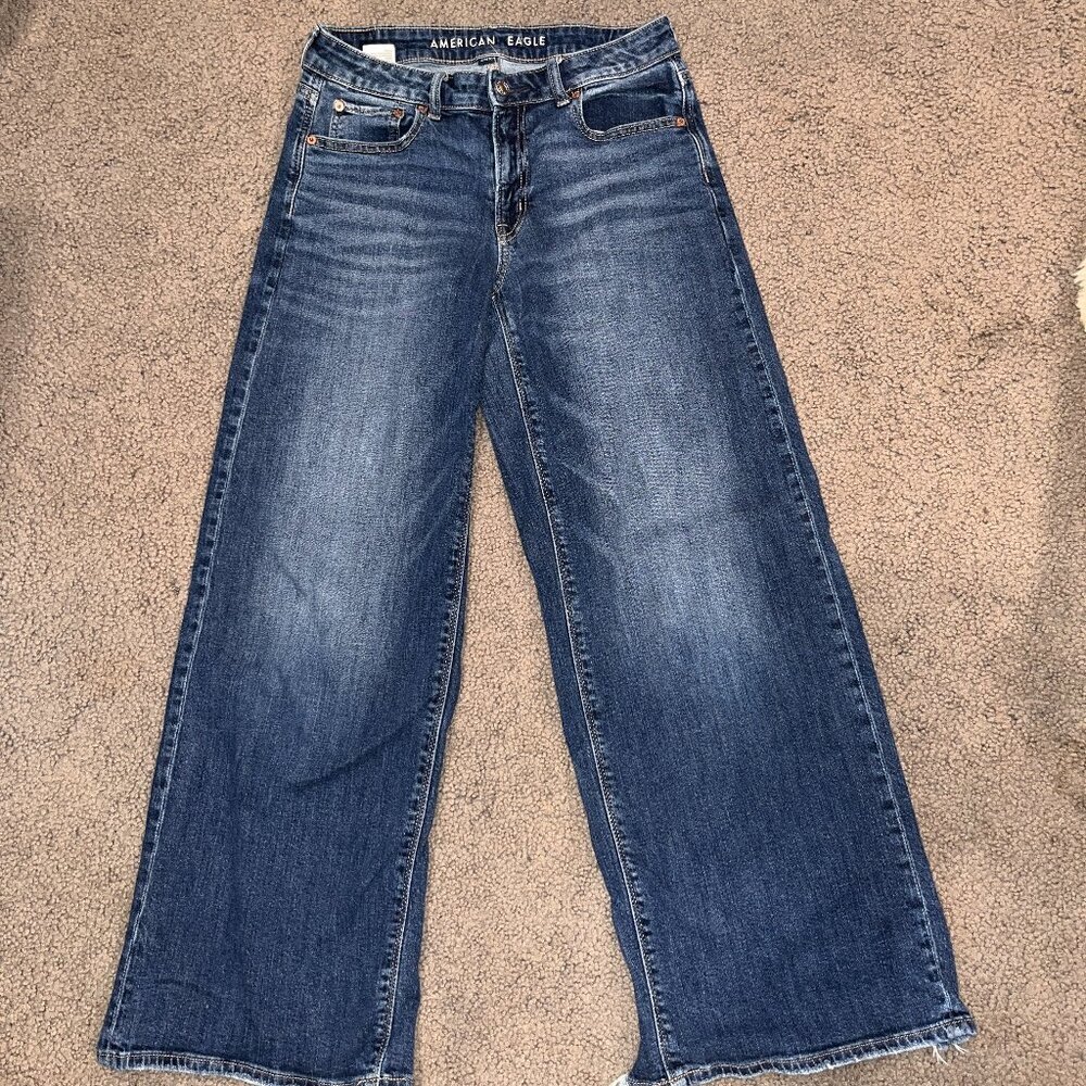 AMERICAN EAGLE LOW RISE BAGGY WIDE LEG JEANS with MANUFACTURED HEEL DRAG  SIZE 2